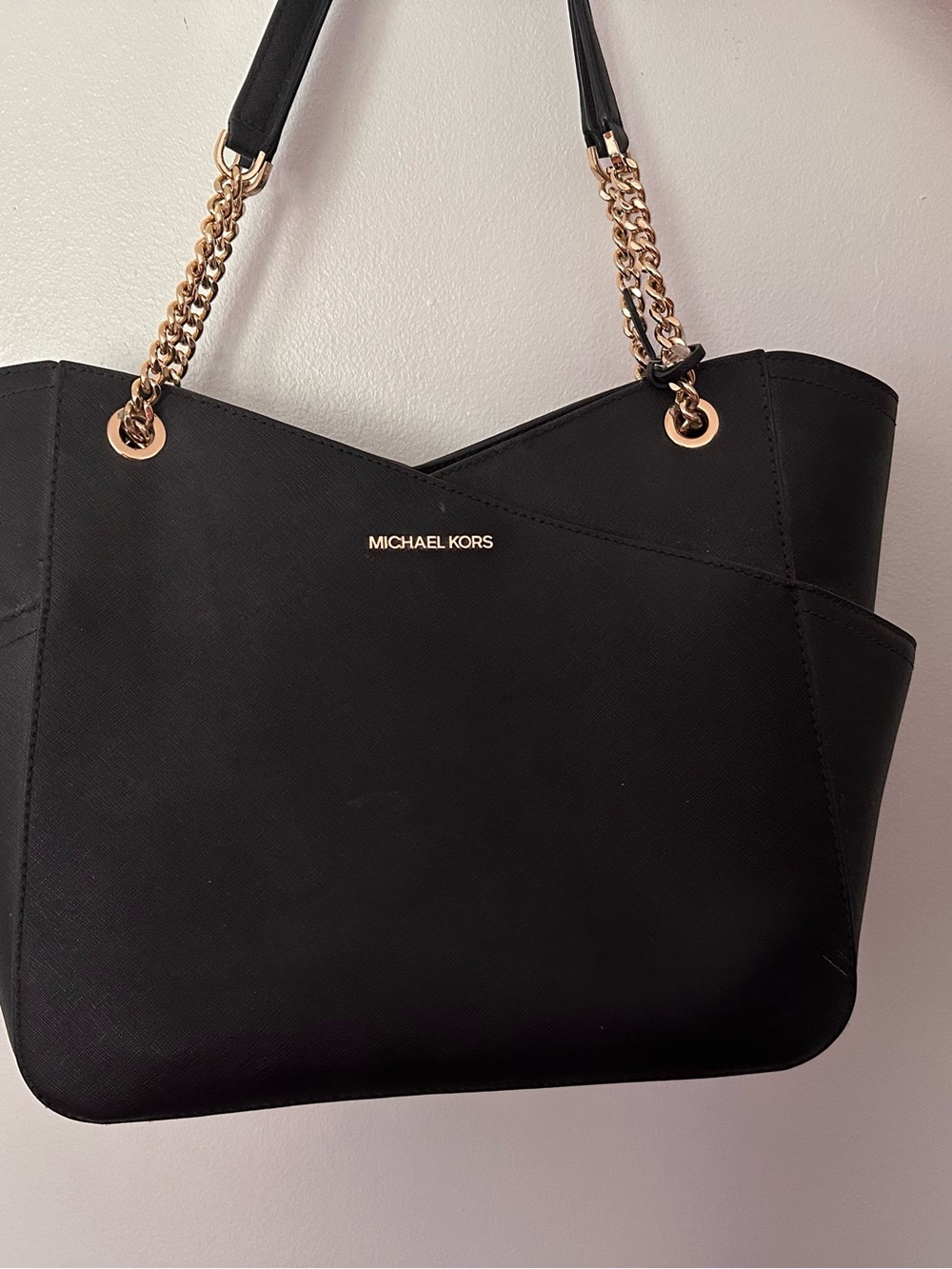 Michael Kors Black Tote with Gold Chain-Strap Detail